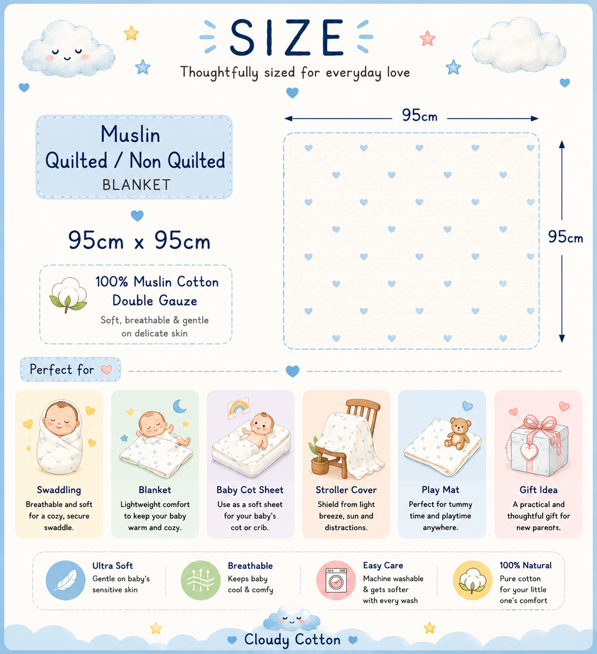 Muslin Cotton Quilted/Non Quilted Blanket - Blue (95 x 95 cm)