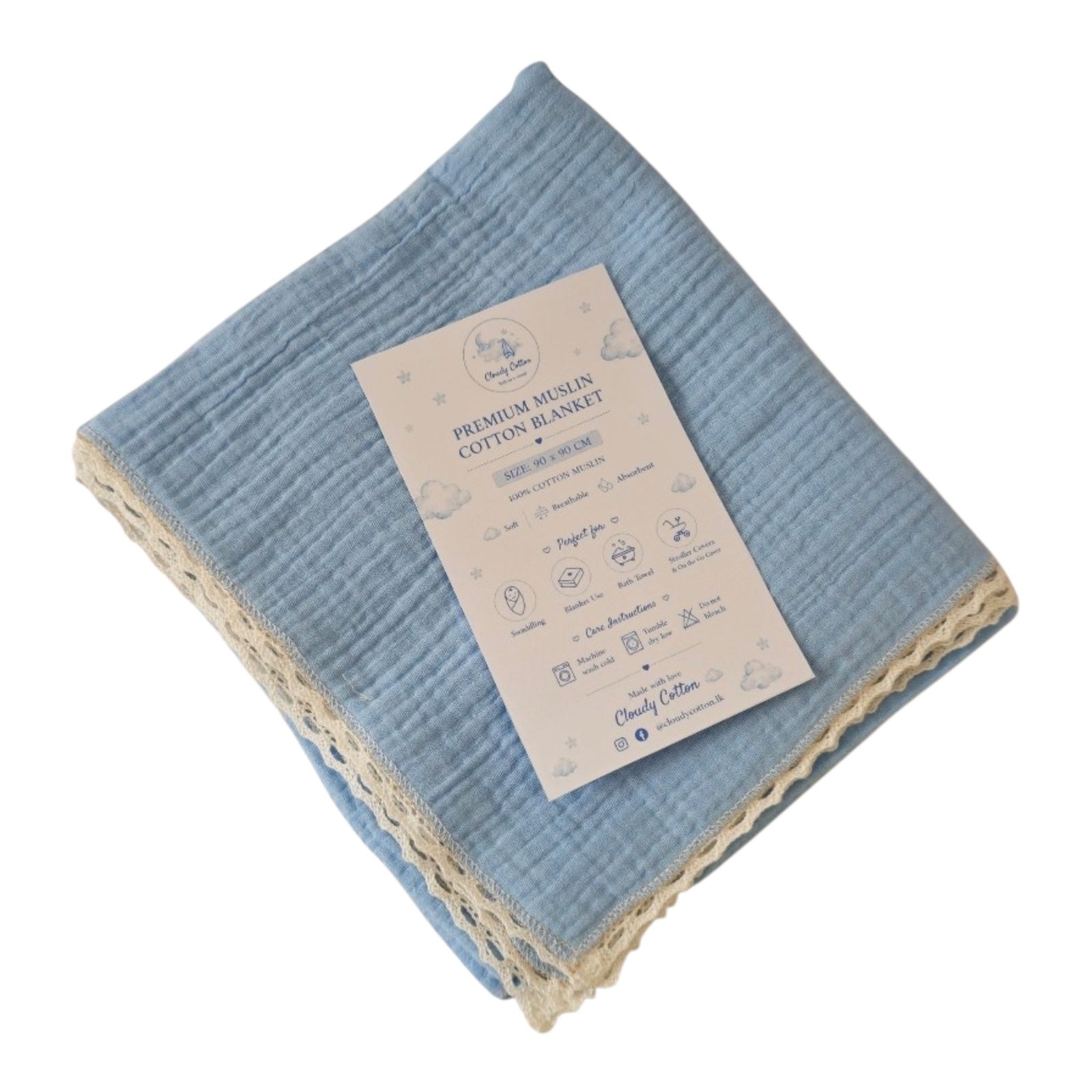 Muslin Cotton Blanket 2 Layered - Baby Blue (95 x 95 cm)