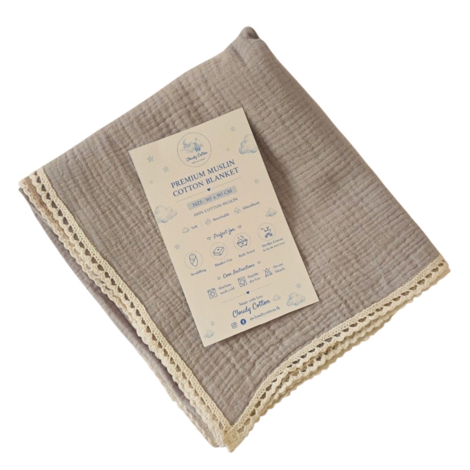 Muslin Cotton Blanket 2 Layered - Grey (95 x 95 cm)